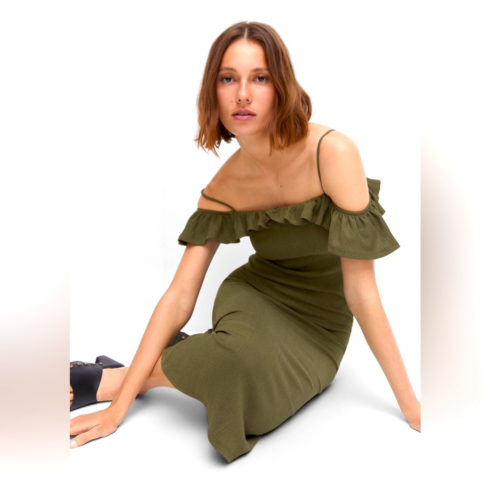 MANGO Olive Green Textured Midi Dress with Ruffles NWT